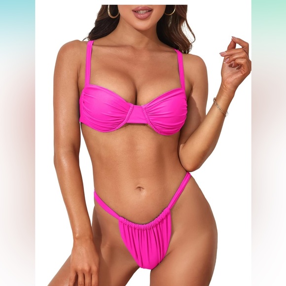 NWT ZAFUL Womens Ruched Underwire Bikini with Thong Criss Cross Top - Picture 3 of 11